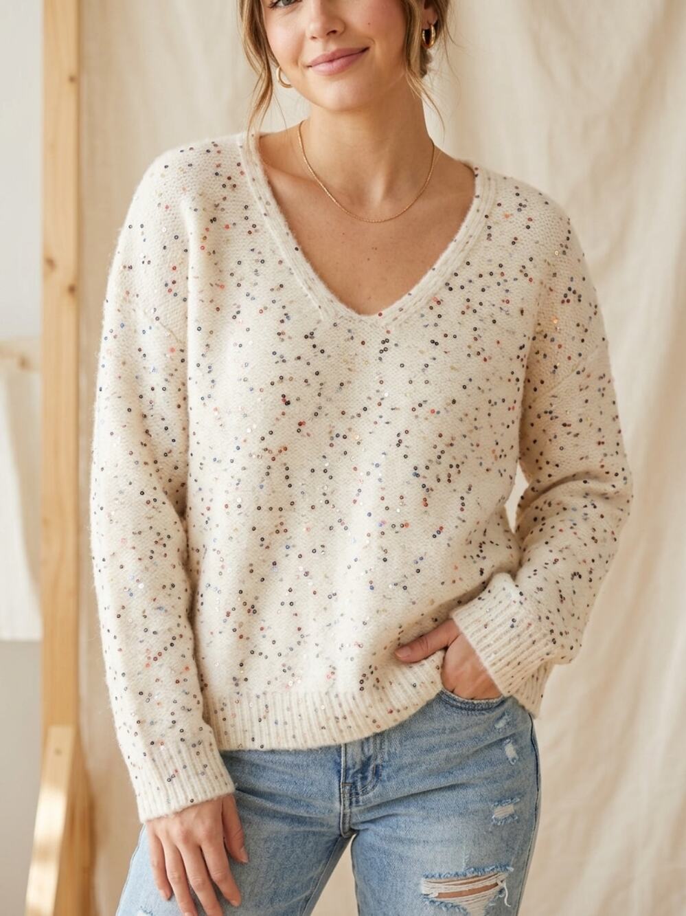 Confetti Sequin Alpaca Blend Cream V-Neck Sweater NWT Large Dopamine Multicolor